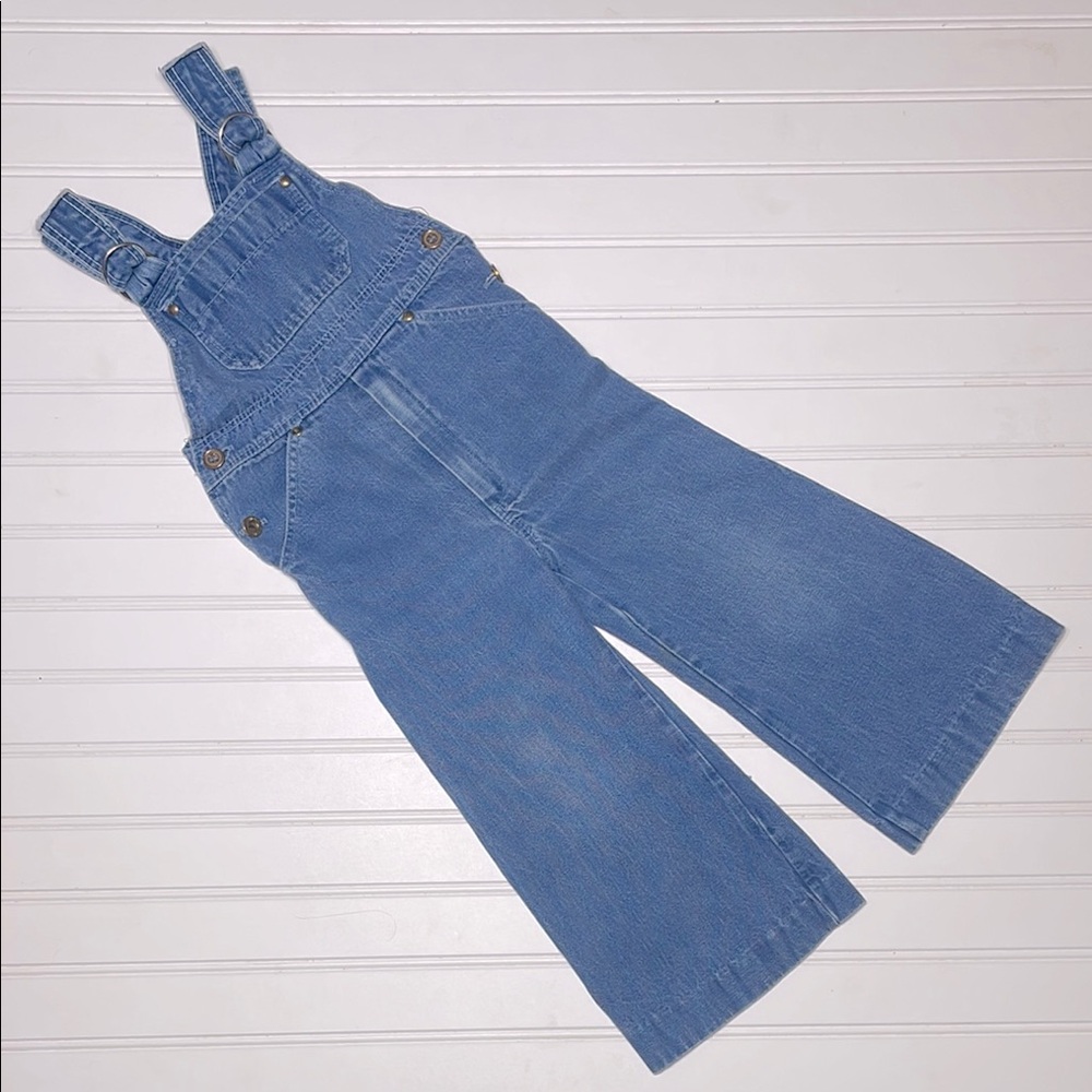 PETIT BATEAU Girls Flair Wide Leg Adjustable Blue Jean Overalls